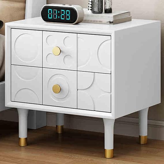 Solid Wood Nightstand, Bedside Table with Vintage Carving Craft, Night Stand with Vintage Handle, Suitable for Bedroom, Living Room(White)