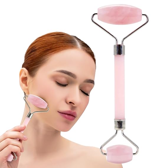 Plum Beauty Rose Quartz Face Roller - Gua Sha Facial Tools, Jade Rollers | Skin Care Kit for Men Women, Guasha Tools for Faces, Facial Care Reduces Under-Eye Puffiness and Dark Circles
