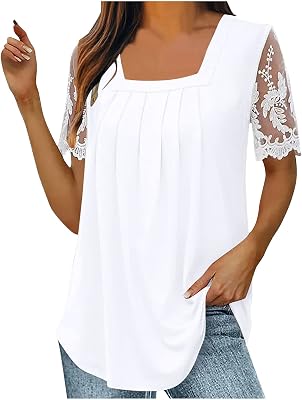 Women Square Neck Blouse Lace Short Sleeve Pleated Tops Loose Fit Hide Belly Dressy Casual Tunic Shirts