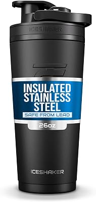 Ice Shaker Insulated Stainless Steel Shaker Bottle | 26oz, Black | Cold for 30 Hours | Insulated Cup with Twist-on Agitator | Odor-Free Bottle for Protein Shakes, Water, Smoothies, Cocktails