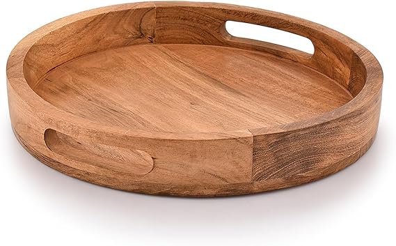 Samhita Round Serving Acacia Wooden Tray with Handles for Serving Beverages Tea Plate Dessert Dinner Breakfast Plate (30.48cm x 30.48cm x 4.06cm)
