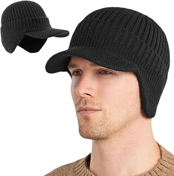 Drkicsy Elastic Warm Ear Protection Knitted Hat, Winter Beanie with Visor & Earflaps for Men Outdoor Winter Hats for Men