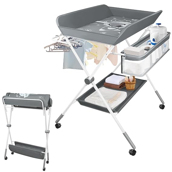 Baby Changing Table, Portable Folding Diaper Changing Station with Wheels | Adjustable Height, Nursery Organizer with Storage Basket, Safety Belt, Hanging Rack, Changing Table for Newborn and Infant