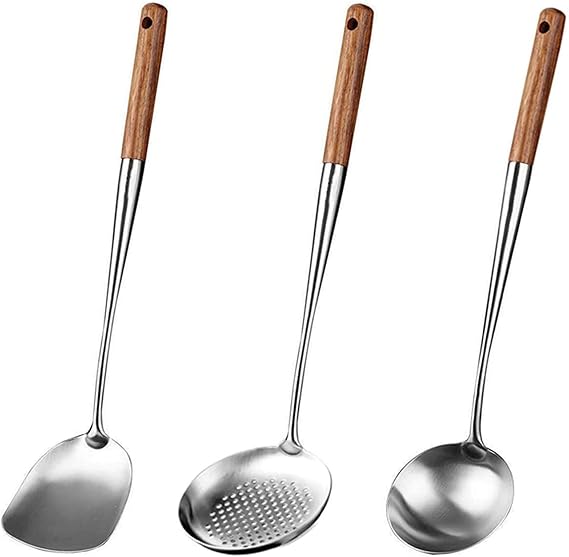 Wok Spatula and Ladle, Skimmer Ladle Tool Set, 17 Inches Long Handle 304 Stainless Steel Cooking Utensils for Decocting, Frying, Serving and Scooping