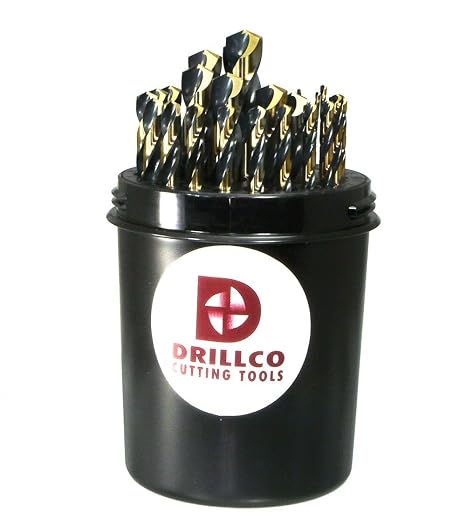Drillco 400N Series Nitro 29 Piece High-Speed Steel Heavy-Duty Jobber Drill Bit Set, Black and Gold Oxide Finish, Round Shank, Spiral Flute, 135 Degrees Split Point, Drill Pal 1/16" - 1/2" in 1/64" increments