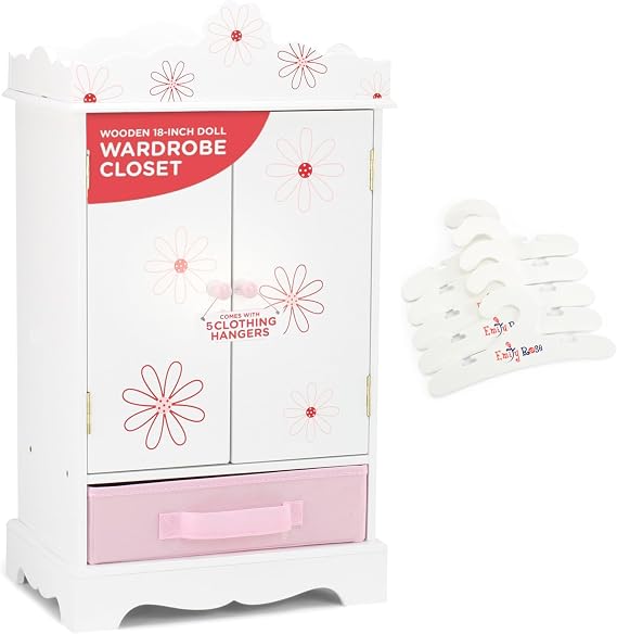Emily Rose 18" Doll Clothes Storage Closet Armoire Floral Collection | Wooden/MDF Wardrobe Includes 5 Notched Hangers & large pink fabric drawer - USA Woman-Owned Brand, Fits American Girl Clothes