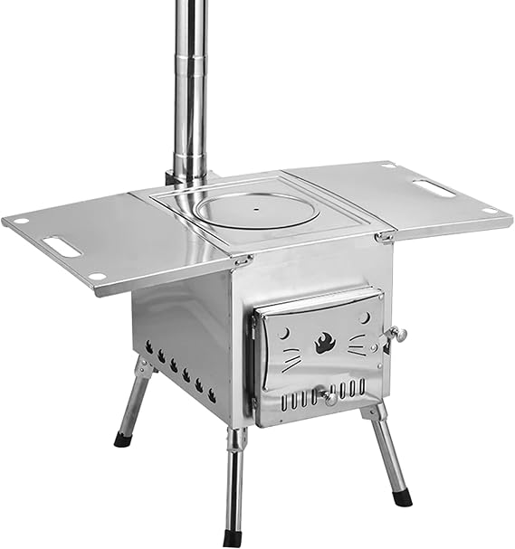 Wood Burning Stove,Vehicle-mounted Portable Woodstove With Steel Plate Heat-conducting Version With Three 6mm/2.4in Diameter Chimney Pipes For Camping Heating, Outdoor Cooking(Stainless steel plate,S)