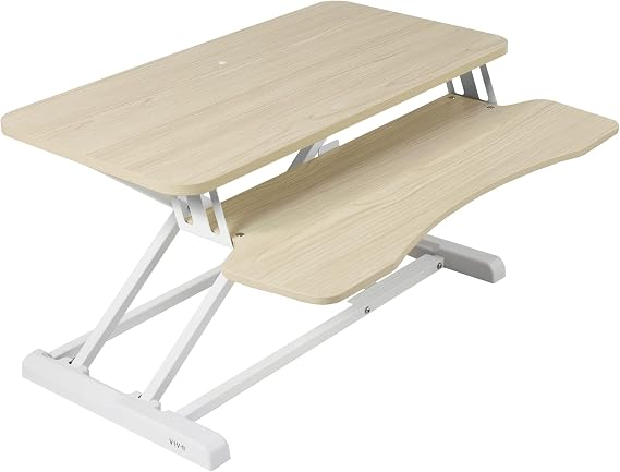 VIVO 81cm Desk Converter, K Series, Height Adjustable Sit to Stand Riser, Dual Monitor and Laptop Workstation with Wide Keyboard Tray, Light Wood Top, White Frame, DESK-V000KF