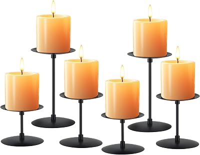 Set of 6 Candle Holders, Metal Pillar Candle Stand for Tabletop Wedding Party Event Birthday Anniversary Black