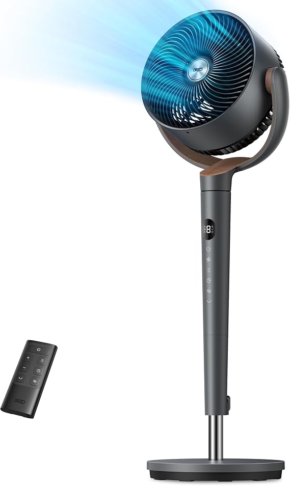 DREO Fan for Bedroom, 120 Oscillating Standing Fans, Quiet Floor Fan with DC Motor, 100ft Pedestal Fans for Room, 9 Speeds, 4 modes, 120 Manual Vertical, 37-42" Adjustable Height, 8H Timer