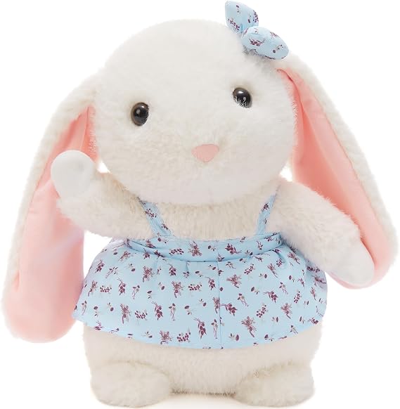 MorisMos Cute Bunny Plush, 14 Inch Soft Stuffed Rabbit with Floral Dress & Bow, Soft Cuddly Bunny Gift for Toddler, Kids, Baby Shower