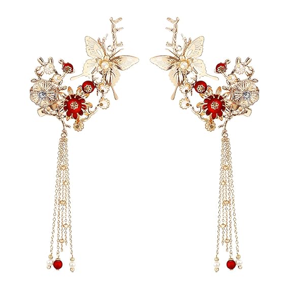 FERCAISH New Butterfly Tassel Hair Clip, Classic Style Pearl Hair Clip Hair Accessories for Traditional Clothes Festive Wedding Cosplay