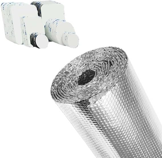 Heater Reflective Foil Double-Sided Aluminum Bubble Insulation Roll 3.2m x 60cm with Pads for Radiator Wall Ceiling Floor Attic Garage Thermal Barrier Silver
