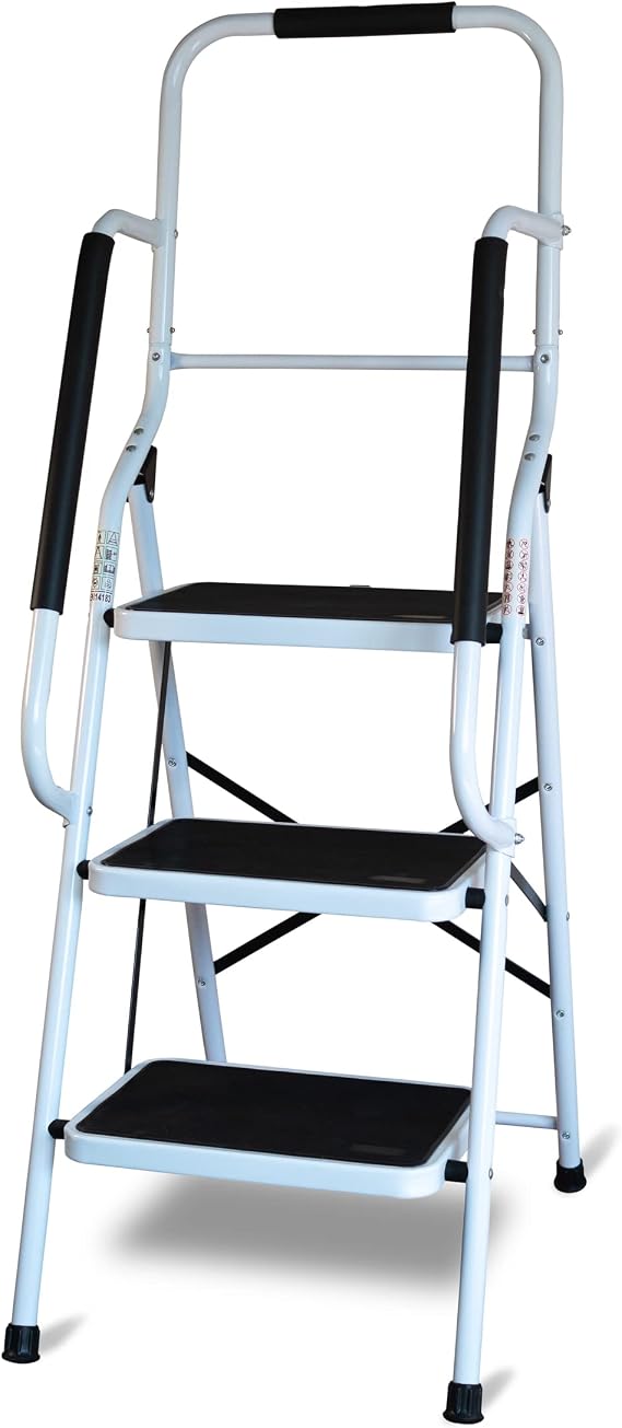 Aidapt Step Stool with Handrail – 3‑Step Ladder with Non‑Slip Wide Pedals, Sturdy & Portable Folding Design, Durable Steel Frame for Household, Office, DIY & Multi‑Use Support