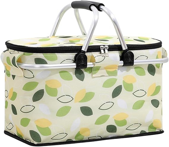 Large Picnic Basket, Leak-Proof Collapsible Insulated Picnic Basket with Handles and Zippered Top, Portable Cooler Bag for Food Delivery, Take Outs, Market Shopping, Travel