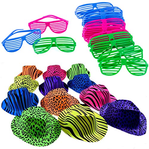 Neon Bright Party Set - 12 Neon Party Hats with 12 Shutter Glasses