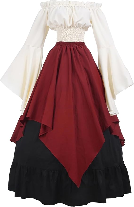 CR ROLECOS Renaissance Peasant Dress Women Ren Faire Skirt Shirt | Medieval peasant renaissance dress with trumpet sleeves, Victorian ren faire shirt & skirt set, coffee