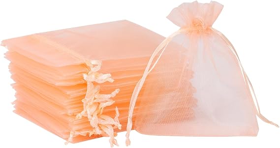 Hopttreely 100PCS Sheer Organza Bags, 3x4inch Mesh Bags with Drawstring, Blush Peach Small Gift Pouches for Party, Festival, Presents, Jewelry Earrings, Mini Candy Bag