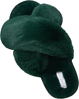 JIASUQI Womens Open Toe Slippers Fuzzy Fluffy House Slippers for Women Cozy Criss Cross Furry Slides Slippers