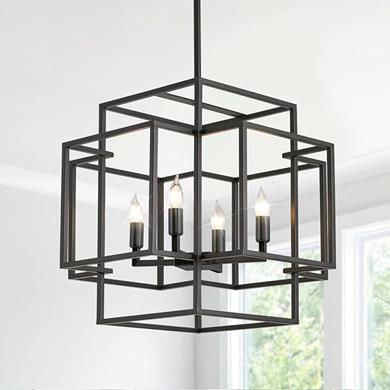 16.5" Black Chandelier, 4-Light Farmhouse Foyer Lighting Fixtures, Modern Industrial Ceiling Lantern Pendant Light Large Chandeliers for High Ceilings, for Dining Room, Entryway, Staircase
