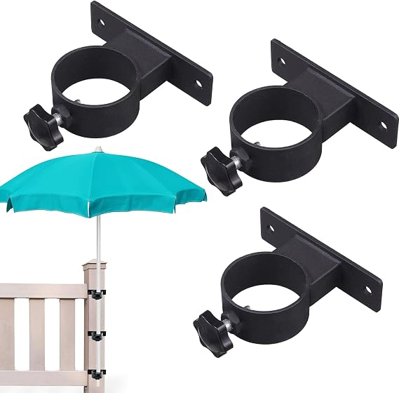 Deck Patio Umbrella Holder Heavy Duty Adjustable Metal Umbrella Clamp Stand Mount Attaches to Railing, Outdoor Courtyard, Balcony, Boats, 3 Pack Black