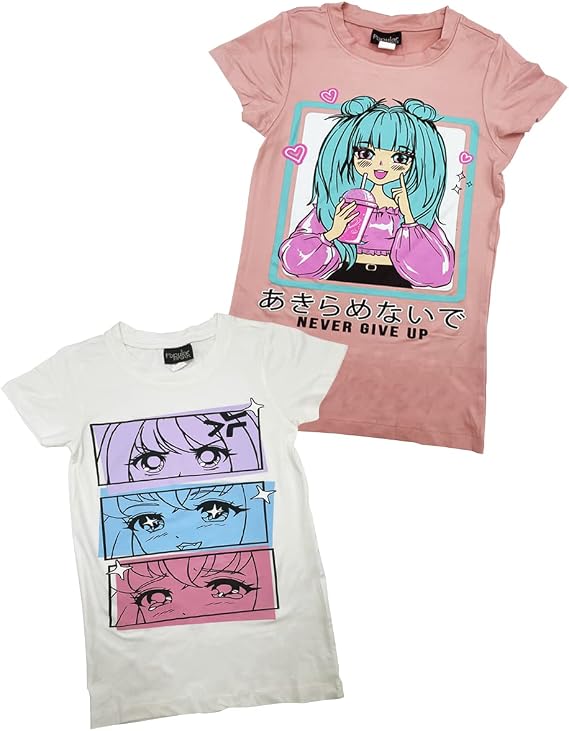 MISS POPULAR Girls 2-Pack Anime Japanese Art Print Super Soft Short Sleeve T-Shirts Cute Design| Sizes 7-16