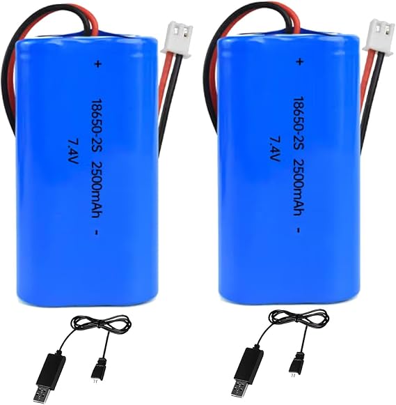 2Pcs 7.4V 2500mAh Li-ion 18650 Battery Pack Replacement Rechargeable Battery Pack with XH2.54-2P USB Charger Cable for RC Airplane DIY, Fishing Lights,Doorbell, etc.