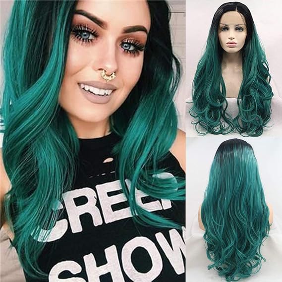 Lace Front Wig Long Wavy Wigs Realistic Synthetic Lace Front Wigs for Women Body Wave Lace Wig Natural Hairline Glueless Wig Heat Resistant Fiber Hair Cosplay, 24 Inch Green Black Ombre