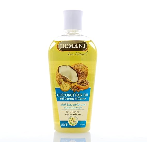 Hemani Coconut Hair Oil 200ml, Zayt Jauz al-Hind lil-Sha'r- Natural Solution for Strong & Shiny Hair, Nourish & Moisturize, Reduce Split Ends & Frizz (Coconut with Sesame & Castor)