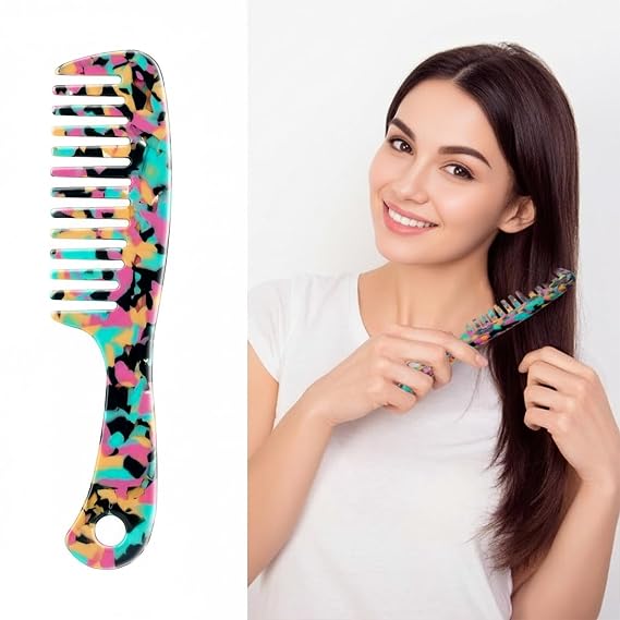 Large Wide Tooth Hair Comb Tortoise Shell Comb for Thick Curly Hair | Cellulose Acetate Hair Detangling Comb Round Tooth for Women Men or Kids, Anti-Static Wet or Dry, Teal
