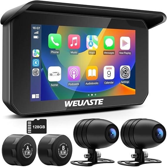 Motorcycle Carplay (Includes 128G SD Card) with Dual Cameras, TPMS, 5" Wireless Carplay & Android Auto, GPS Navigation System for Motorbike, 2K Dash Cam, G-Sensor, Bluetooth, IP67 Waterproof