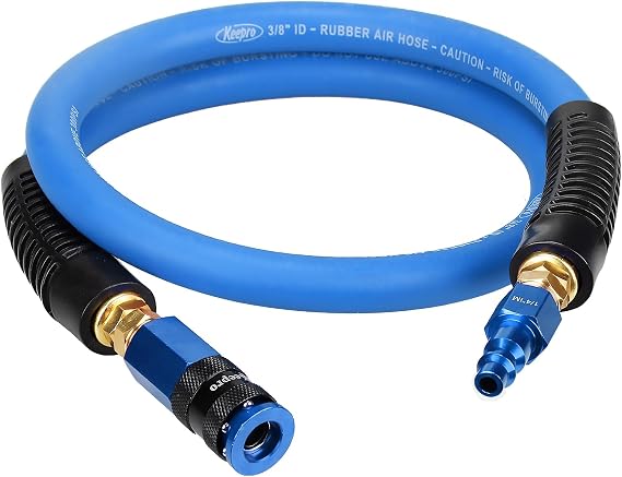 Keepro Rubber Air Hose, Durable Air Compressor Hose 3/8 Inch ID By 3 Feet Long with Swivel Universal Aluminium Quick Coupler and Plug, 300 PSI Maximum Pressure, Blue