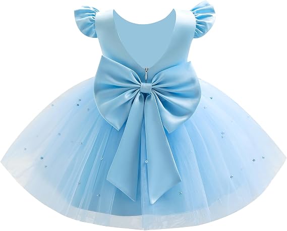 Infant Baby Girls Wedding Flower Girl Dress Pearls Tulle Tutu Dress Bowknot V Back Pageant Party Birthday Formal Dresses