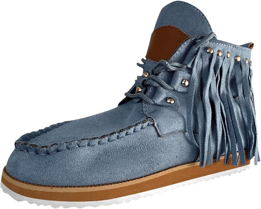 Tassel Boots for Women Cowgirl Moccasin Suede Leather Ankle Booties Non Slip Flats Wide Round Toe Short Boots Boho Walking Shoes