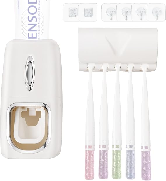 Toothbrush Holder and Toothpaste Dispenser Set, Automatic Toothpaste Squeezer Dispenser, Dispenser Toothpaste Squeezer Kit, Wall Mounted Bathroom Accessories (White)