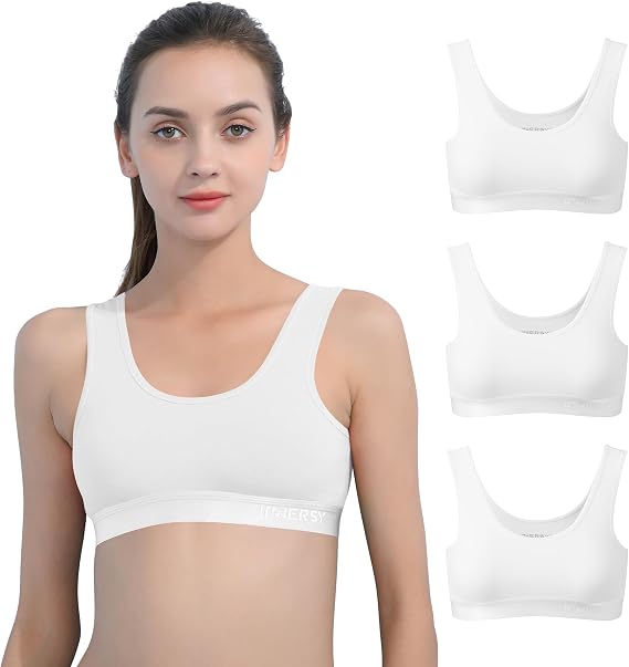 INNERSY Girls Sports Bra Cotton Crop Tops Non Padded Training Bras Kids to Teens 6-16 Years 3 Pack | Wireless Training Bralettes for Kids to Teens, Wide Shoulder Straps, Sleep/Exercise/P.E., Back to School, Tag-free Underwear