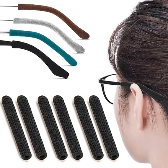 3 Pairs Eye Glasses Ear Grippers, Soft Knitting Cotton Arm Cushion for Glasses Behind Ear, Anti Slip Eye Glass Ear Grips, Non Slip Ear Pads for Glasses, Eyeglasses Temple Tips for Pain (Black)