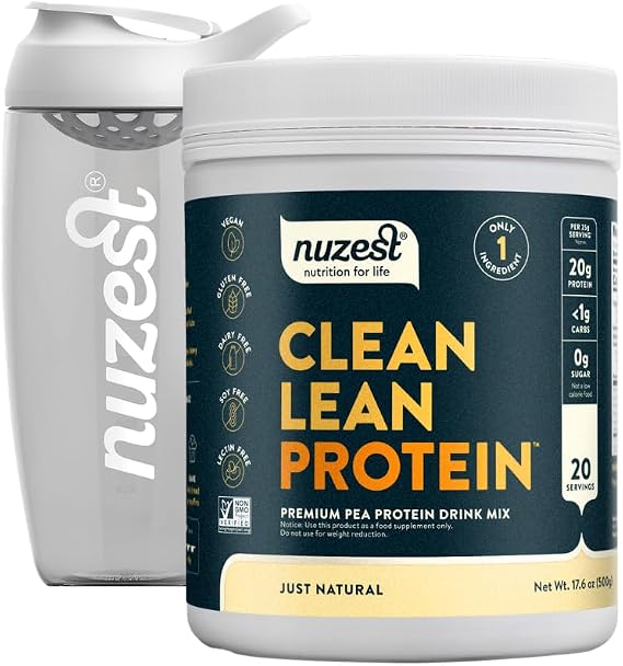 Nuzest Vegan Pea Protein Powder - Clean Lean Protein 20 Servings 20g Protein, Unflavored Protein Shake Mix + Sports Shaker Bottle 24oz