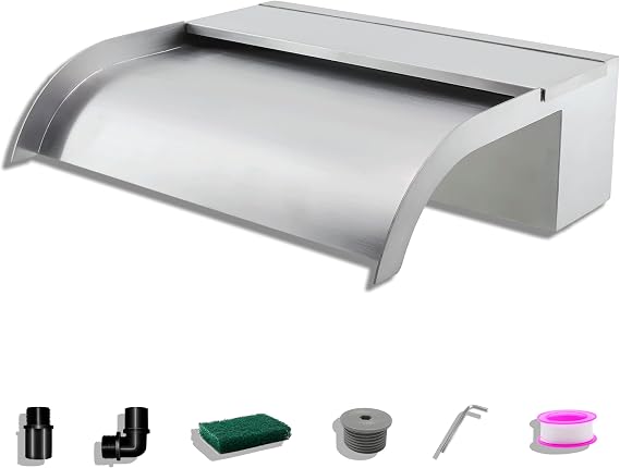 Pond Waterfall Blade Kit, 30cm Stainless Steel Pool Fountain with Accessories, Width 18cm Curved Outlet Spillway for Garden Patio Pond Decoration