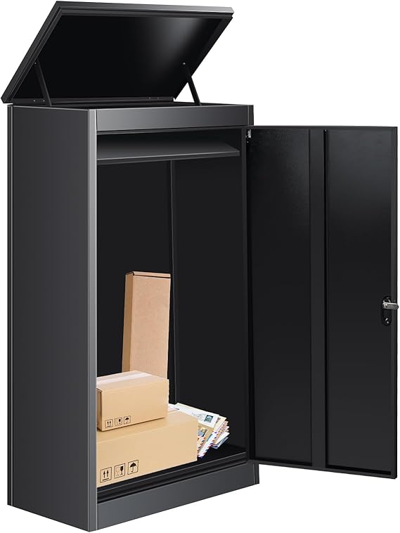 Outdoor Package Delivery Box - Lockable Black Metal Parcel Drop Box, Anti-Theft, Waterproof, Rustproof, Ideal for Porch (Large)