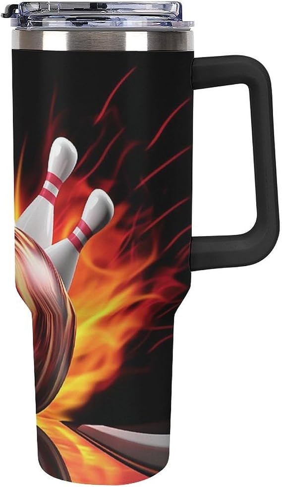 40 Oz Double Insulated Tumblers With Handles Bowling Ball Printed Insulated Tumbler With Straw With Lid Leak-proof Stainless Steel Travel Coffee Mug