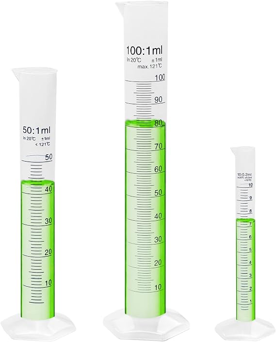 Utile Plastic Graduated Measuring Cylinder Set, 3 Sizes 10ml 50ml and 100ml, PP Material with Hexagonal Base and Blue Printed Graduation, 4099.0015.1.