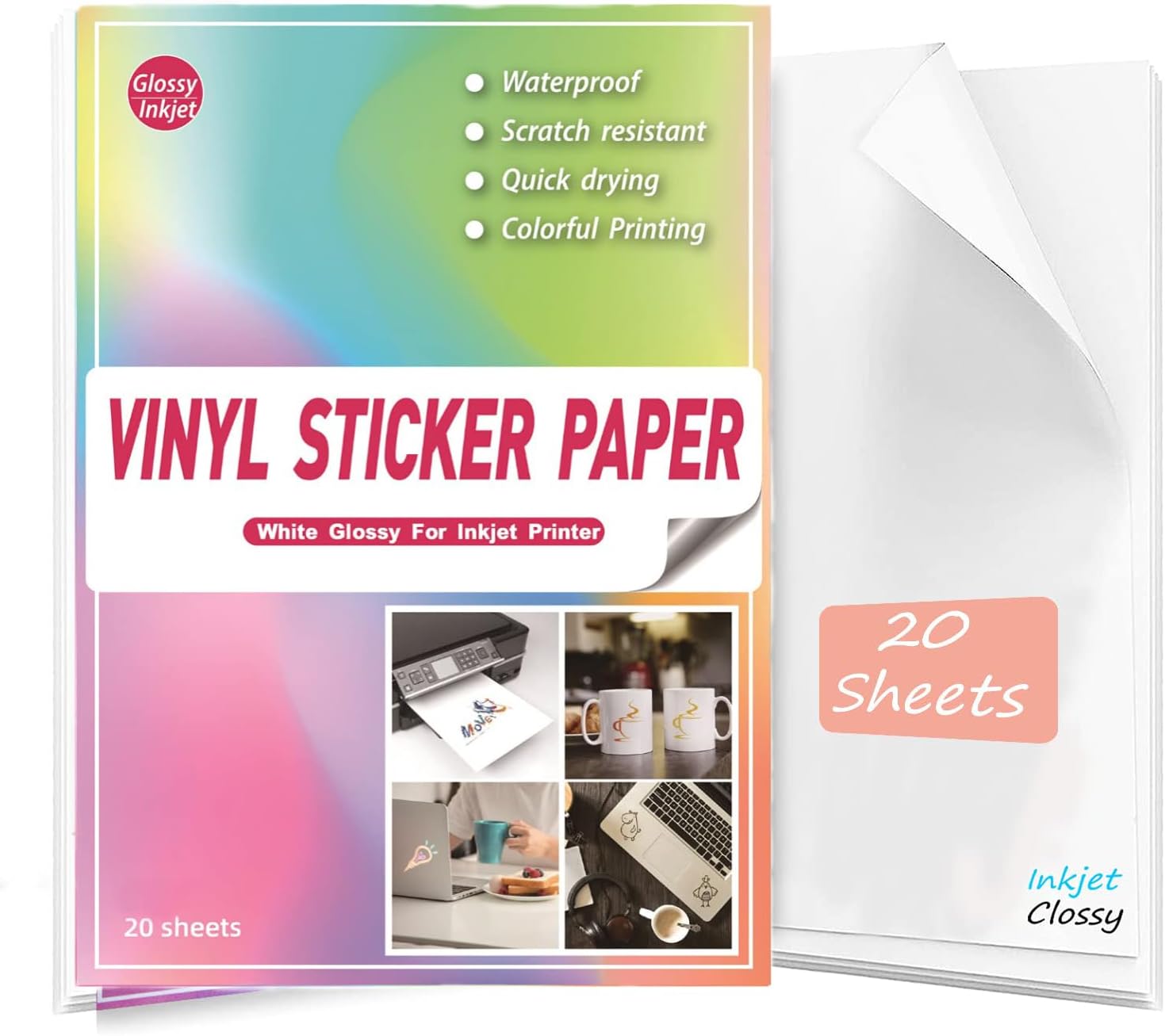 Waterproof Printable Vinyl Stickers Paper for Inkjet Printer- 20 Glossy Sticker Paper White Decal Cricut Sheets A4 - Holds Ink Beautifully & Dries Quickly