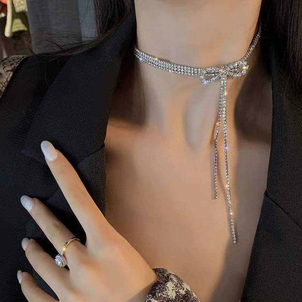 ELABEST Rhinestone Bow Necklace Crystal Bowknot Pendant Choker Dainty Tennis Chain Nightclub Party Jewelry for Women