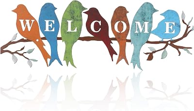 Peryiter Bird Wall Art Birds on Branch Welcome Sign Hanging Outdoor Metal Wall Decor Welcome Signs for Porch Vivid Statue Welcome Wall Decor Tree Silhouette for Bedroom GardenRustic Colors