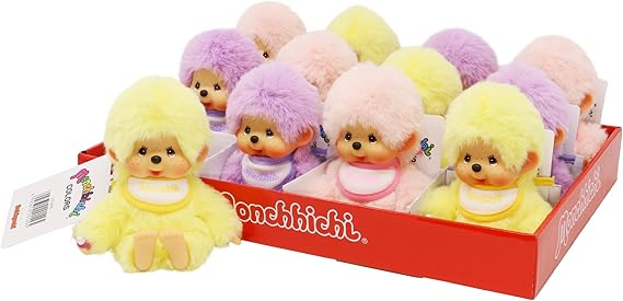 Sekiguchi 201495-Monchhichi Original, Assorted Yellow, Purple and Pink, Plush Animal Approximately 15 cm, 201495 (1 Count)
