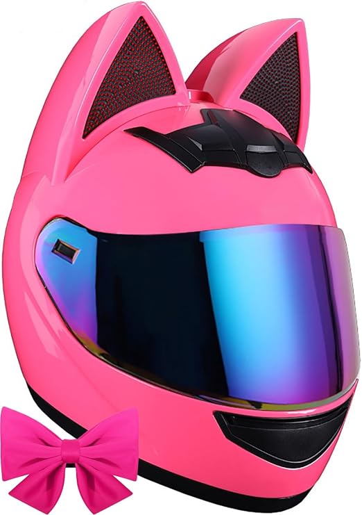 Girls Full Face Motorbike Helmet Cat Ear Motorcycle Helmet Motorcycle Full Face Helmet with Bow Removable Cat Ears Suitable for Street Racing Motocross DOT/ECE Approved