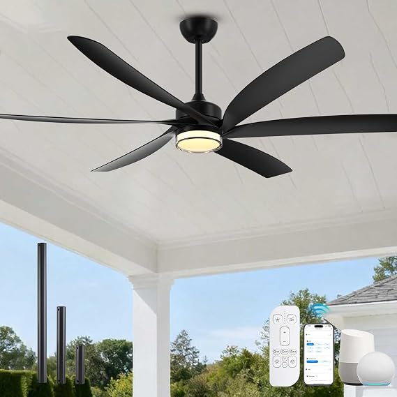64 Inch Smart Outdoor Ceiling Fan with Light, Alexa/App/Remote Control, Modern Black High CFM Propeller Design, Damp Rated, 6 Speed, 3CCT, Quiet DC Motor, for Indoor Outside Patios