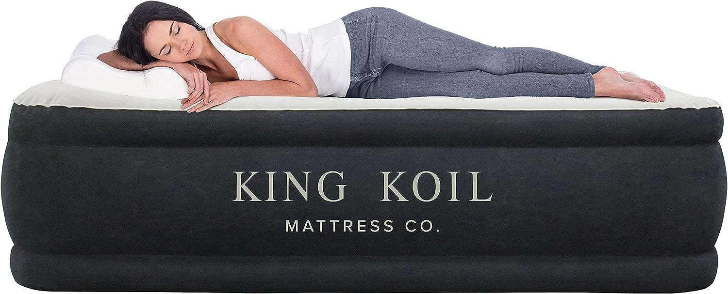 King Koil Luxury Queen Air Mattress with Built-in High Speed Pump, Blow Up Bed Top and Side Flocking, Puncture Resistant, Double High Inflatable Queen Airbed Air Mattress for Camping, Home, Travel