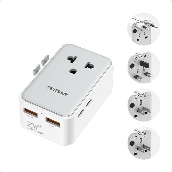 TESSAN Universal Travel Adapter PD 25W, Ultra Thin International adapter | Fast Charger, Worldwide Plug Adaptor 2 USB A 2 USB C for US to European UK Australia Ireland, Type C G A I